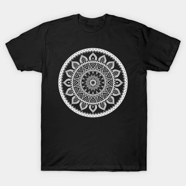 Mandala with African-inspired patterns White and Black version T-Shirt by AudreyJanvier